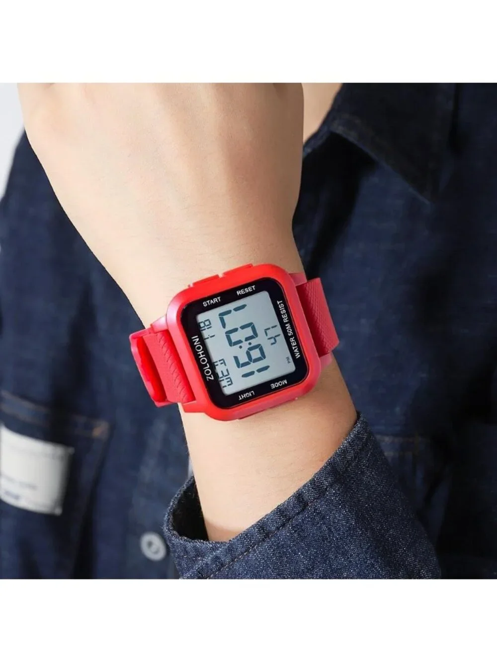 Mens Red White Analog Quartz Stainless Steel Waterproof Square LED Digital Watch